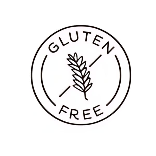 A black and white circular "Gluten Free" icon with a crossed-out wheat stalk.