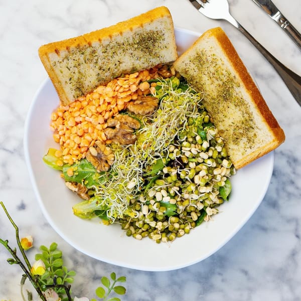 A vibrant Green Table Cafe salad with lentils, walnuts, sprouts, and two slices of garlic bread.