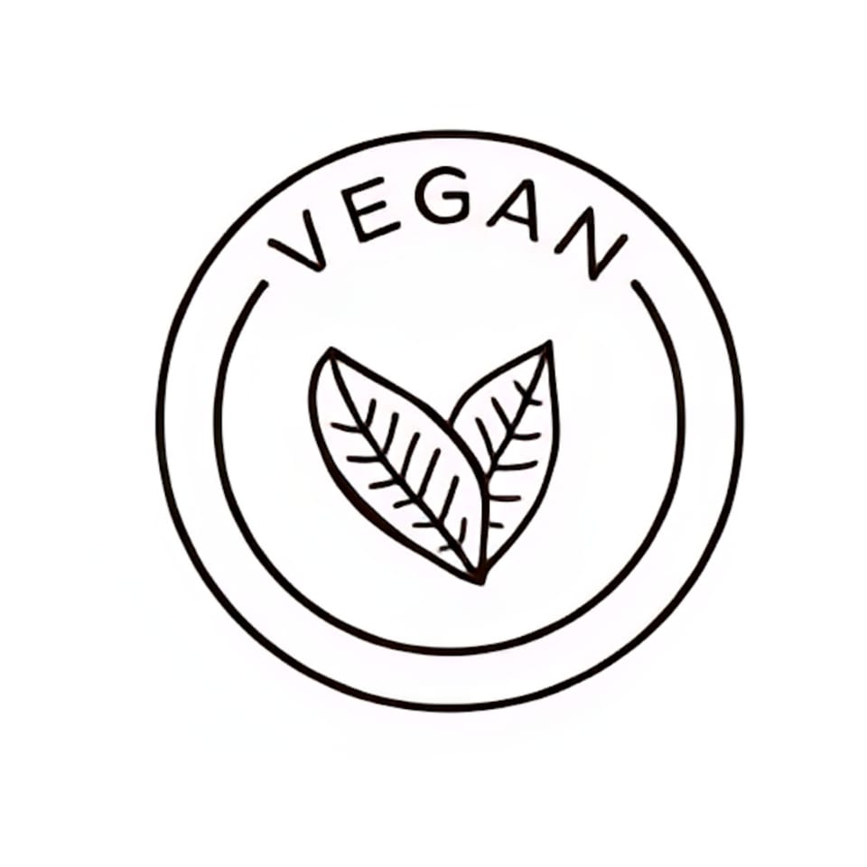 Black and white circular vegan logo with two leaves and the word "VEGAN" above them.